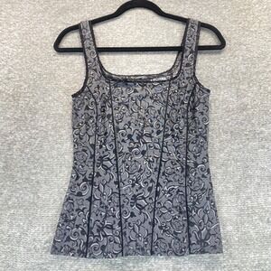 White House Black Market XS Corset Top Gray Black Damask Lace Trim Camisole